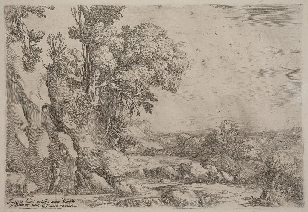 Landscape with Resting Herdsmen, by Ercole Bazicaluva, ink, 1638