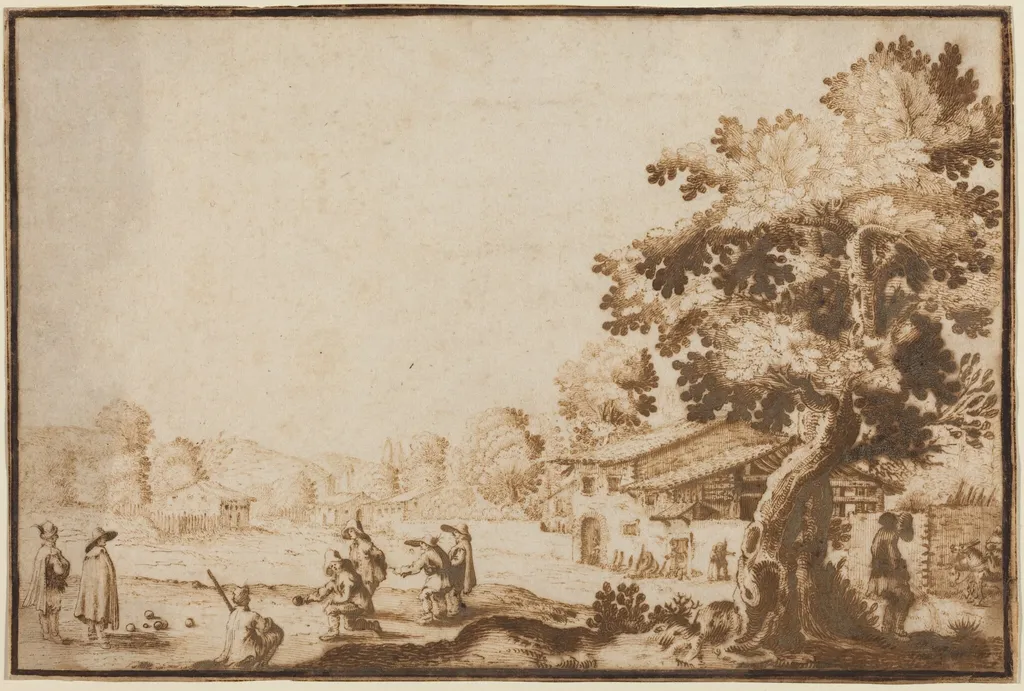 Men Playing Boccie in a Village, by Ercole Bazicaluva, ink, 1636