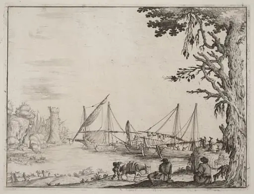 Seaport with Anchored Vessels, by Ercole Bazicaluva