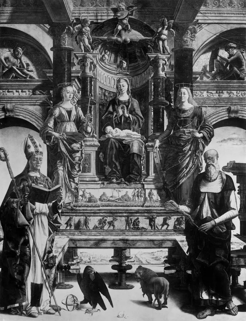 Madonna enthroned with the sleeping child and four saints, by Ercole de' Roberti