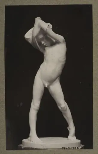 Boy struggling into his shirt, by Ercole Drei
