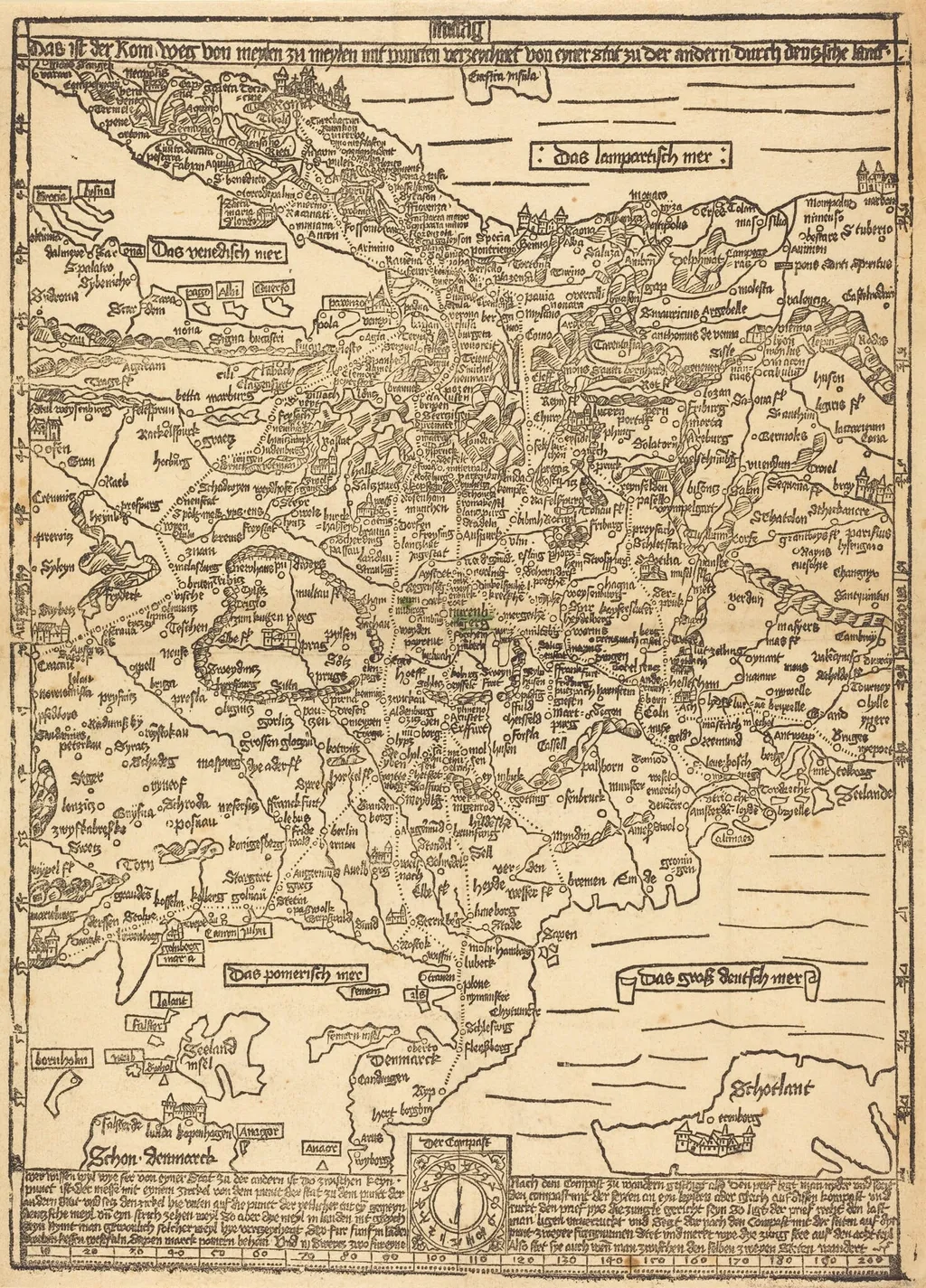 Road Map of Central Europe, by Erhard Etzlaub, ink, 1500