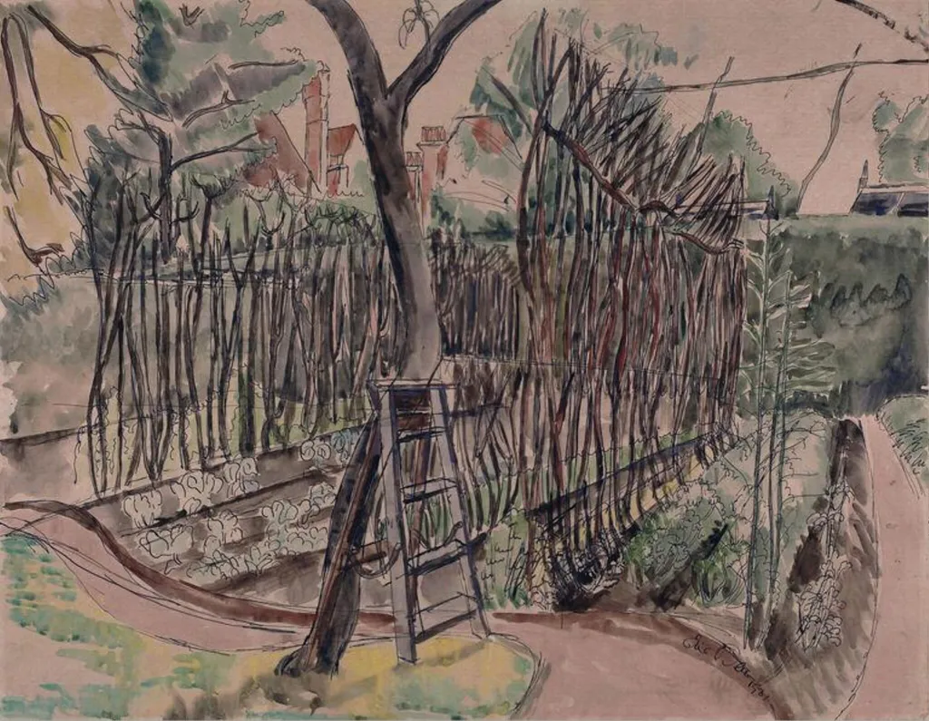 Bean Poles - Scene in a kitchen garden, by Eric O'Dea, watercolor, 1931