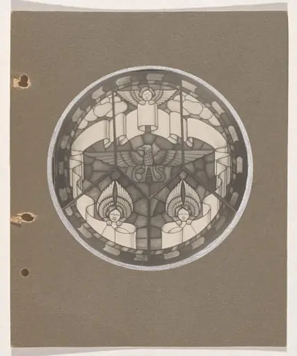 Mäntän kirkon urkuparven lasimaalaus, enkelit ja G. A. Serlachiuksen toiminimimerkki, by Eric O. W. Ehrström