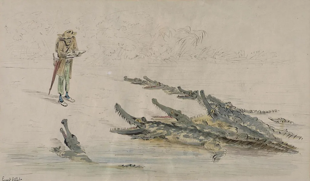 A traveller confronted by crocodiles, by Ernest Griset, watercolor, 1850