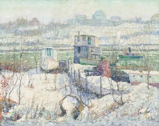 Boathouse, Winter, Harlem River, by Ernest Lawson