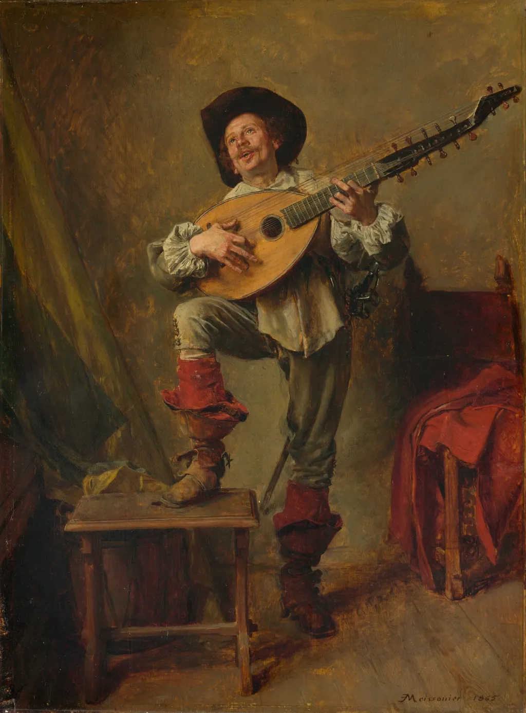 Soldier Playing the Theorbo, by Ernest Meissonier, oil, 1865