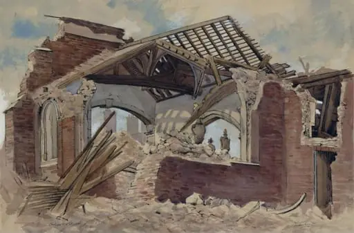Chelsea Old Church, after destruction by a German bomb in an air raid on the night of 16th/17th April 1941, by Ernest Thesiger