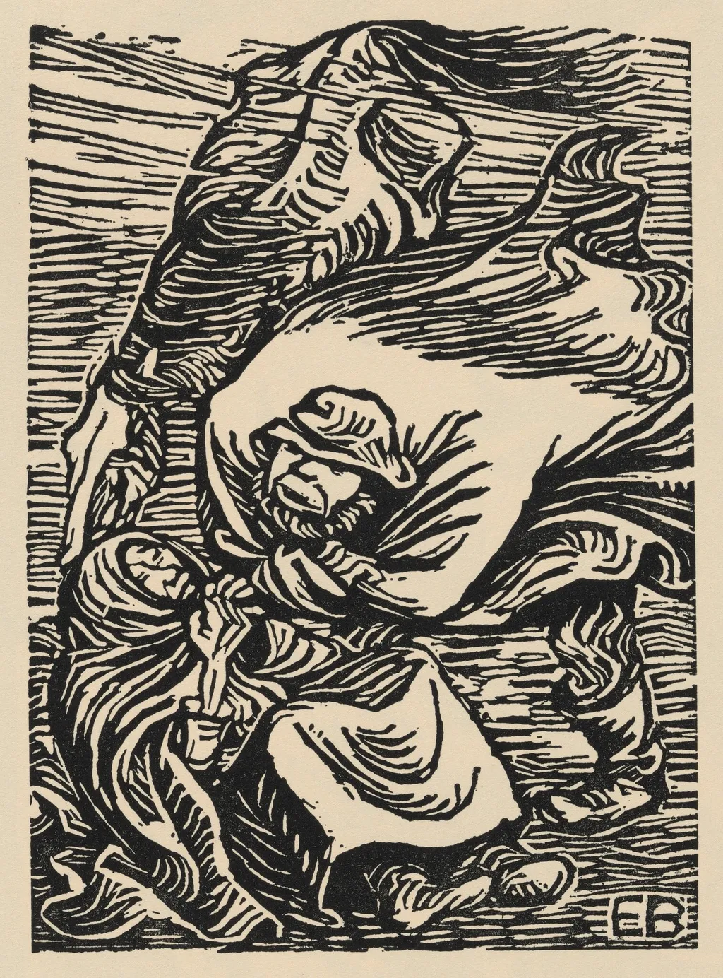 Gruppe im Sturm (Couple in a Storm) from Deutsche Graphiker der Gegenwart (German Printmakers of Our Time), by Ernst Barlach, ink, 1919