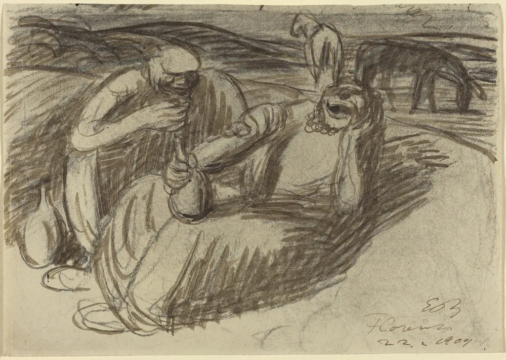 Italian Peasants with Wine Flasks, by Ernst Barlach, ink, 1909