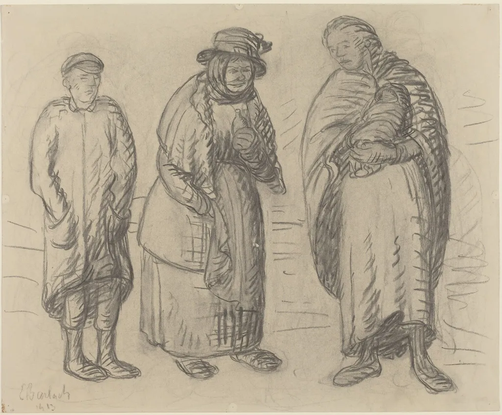 Three Figures, by Ernst Barlach, charcoal, 1913