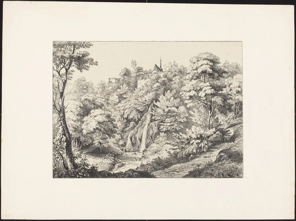 Rear View of the Convent with Waterfall, by Ernst Fries, ink, 1829
