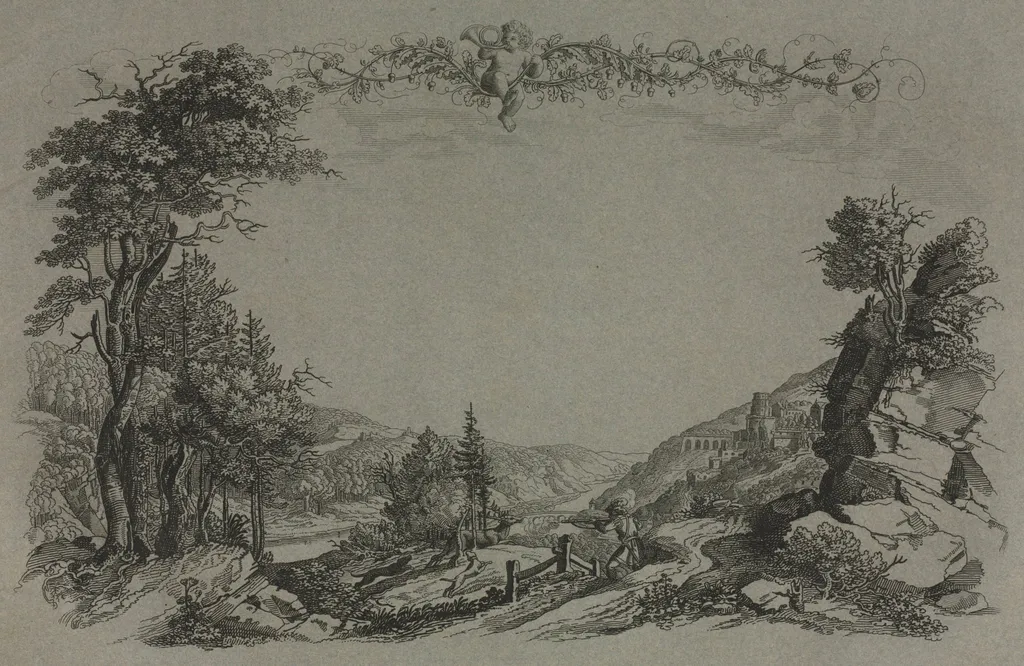 Six Views of Heidelberg Castle: Cover, Hunting Scene, by Ernst Fries, 1820