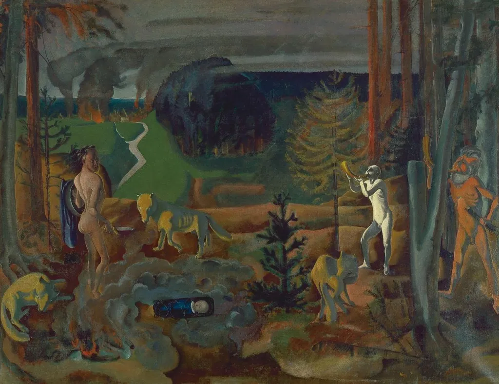 Grimmige Tiere und wilde Männer bedrohen das Menschenkind, by Ernst Georg Rüegg, oil, 1918