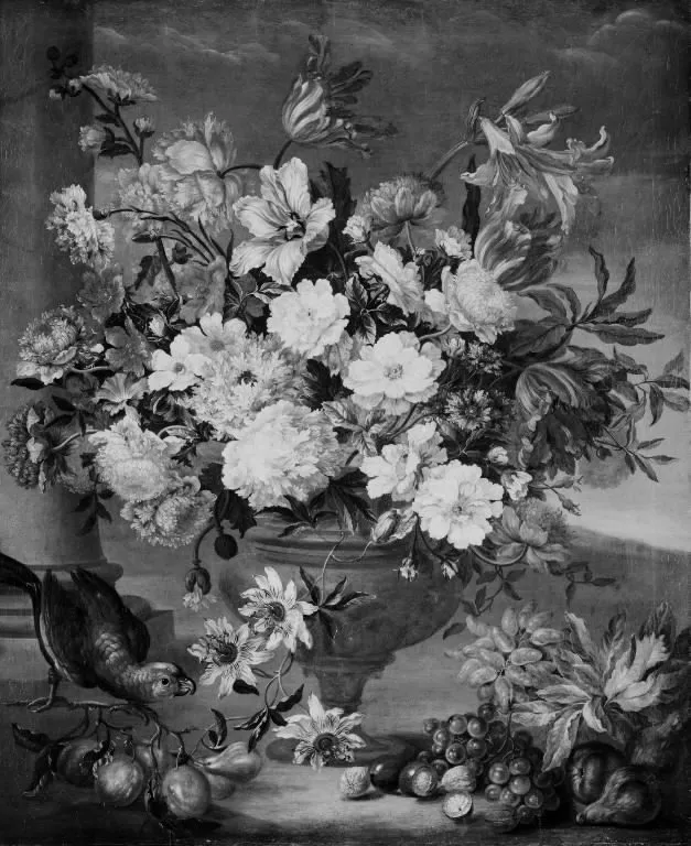 Stor blomsterbuket i en vase. I forgrunden frugter, til venstre en papegøje, by Ernst Heinrich Løffler, oil, 1767