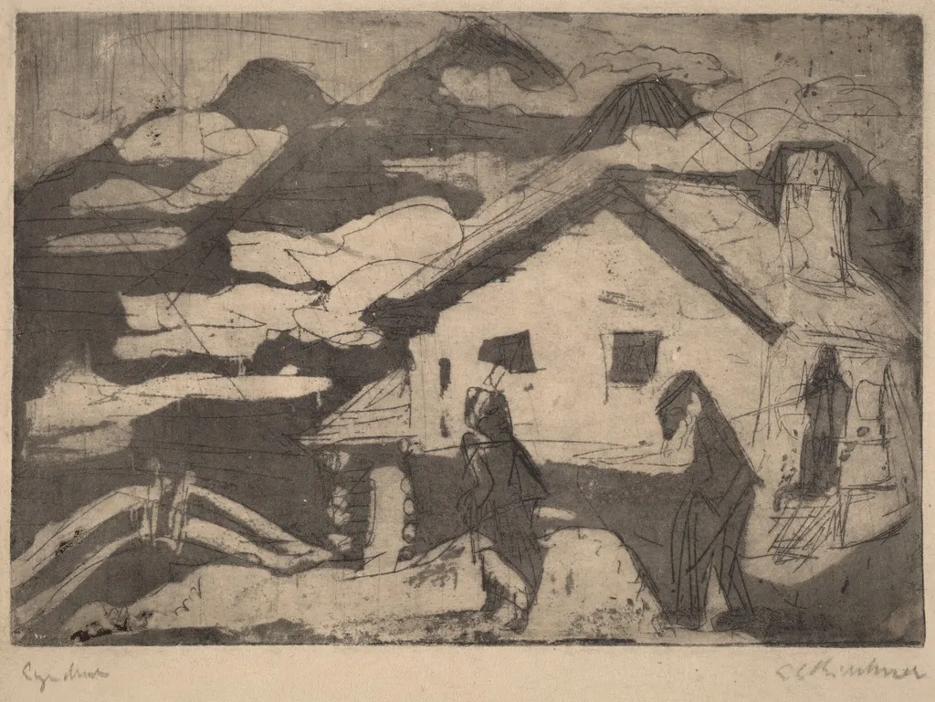 Alpine Huts in Fog, by Ernst Ludwig Kirchner, ink, 1920