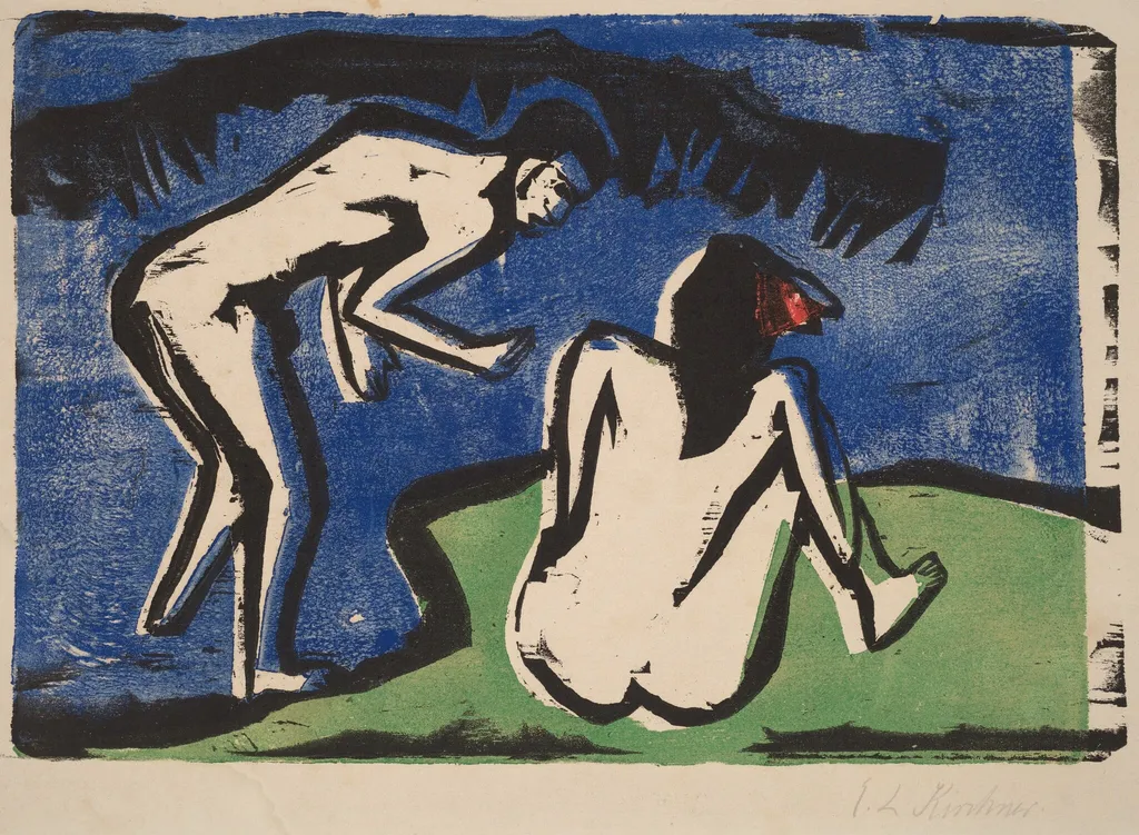 Bathing Couple, by Ernst Ludwig Kirchner, ink, 1910