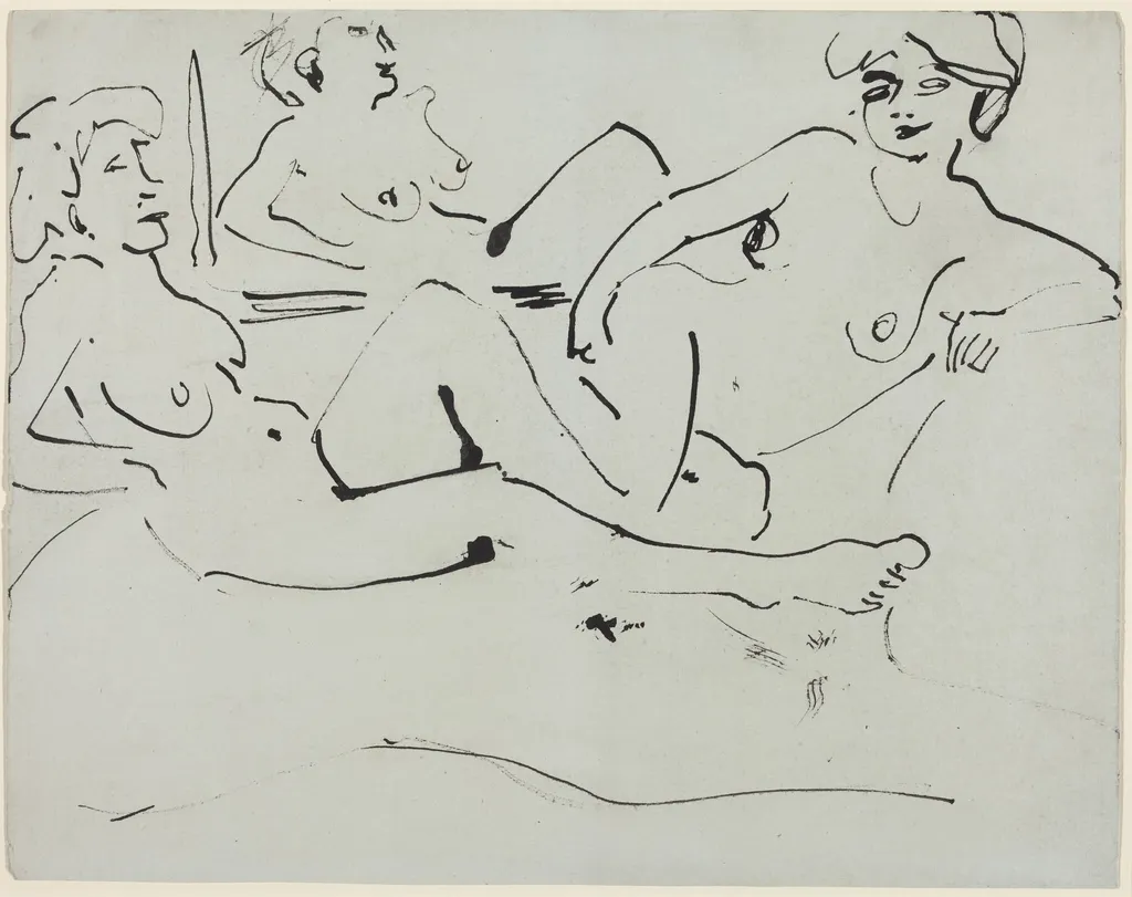 Dodo and an Older Woman Reclining before a Mirror, by Ernst Ludwig Kirchner, ink, 1909