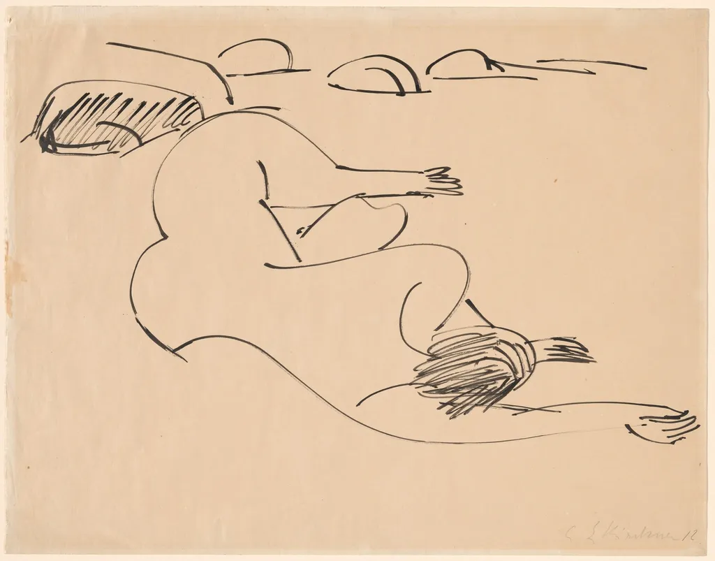 Erna Lying on the Beach among Rocks, by Ernst Ludwig Kirchner, ink, 1912
