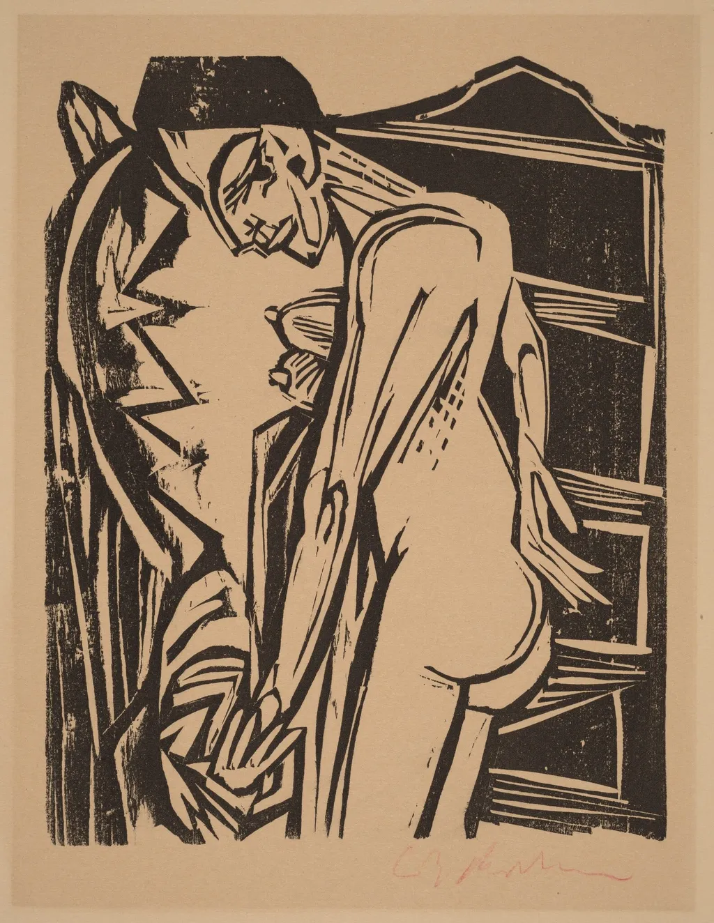 Female Nude Before a Cabinet, by Ernst Ludwig Kirchner, ink, 1916