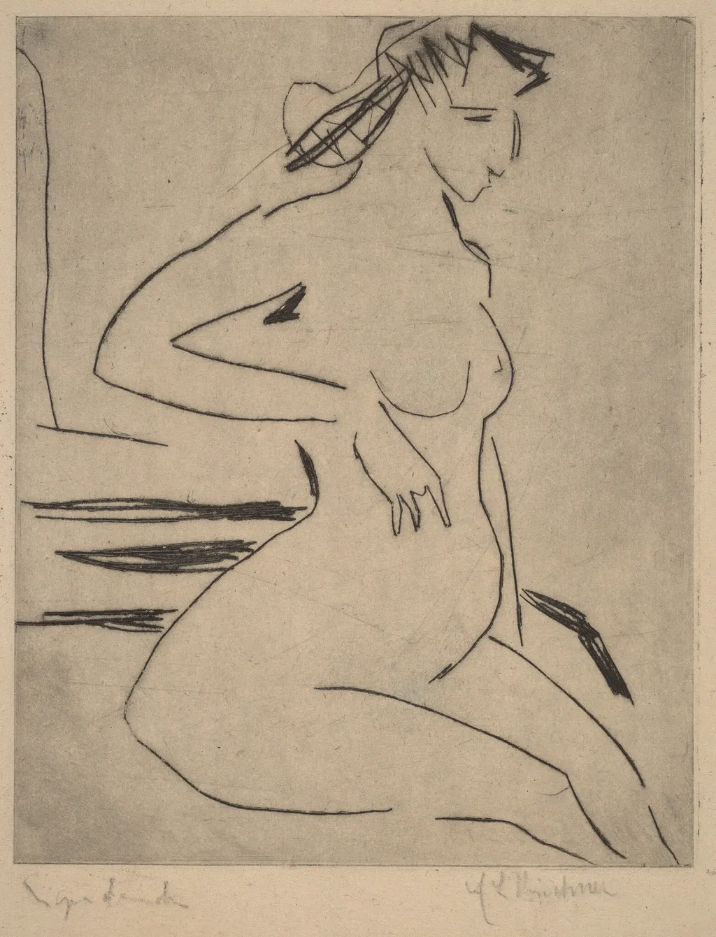 Female Nude Seated, by Ernst Ludwig Kirchner, ink, 1909