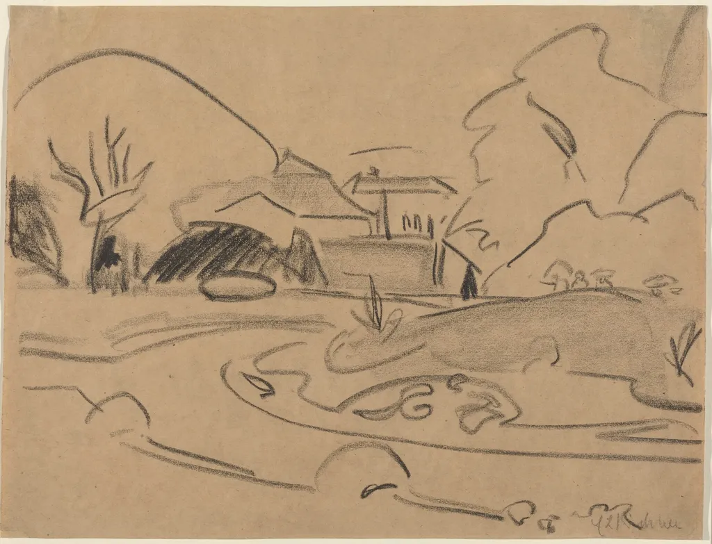 Footpaths and Pavilion in the Dresden Grosser Garten, by Ernst Ludwig Kirchner, crayon, 1909