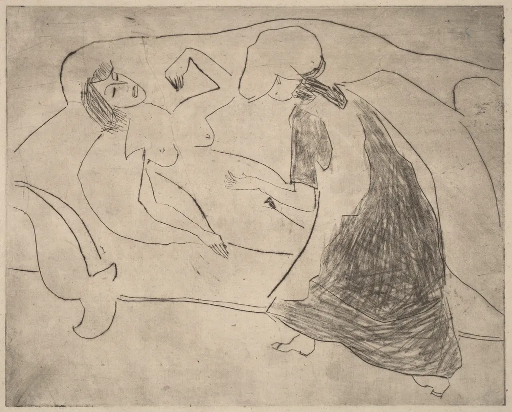 Girl, with Another Rubbing Her Belly, by Ernst Ludwig Kirchner, ink, 1910