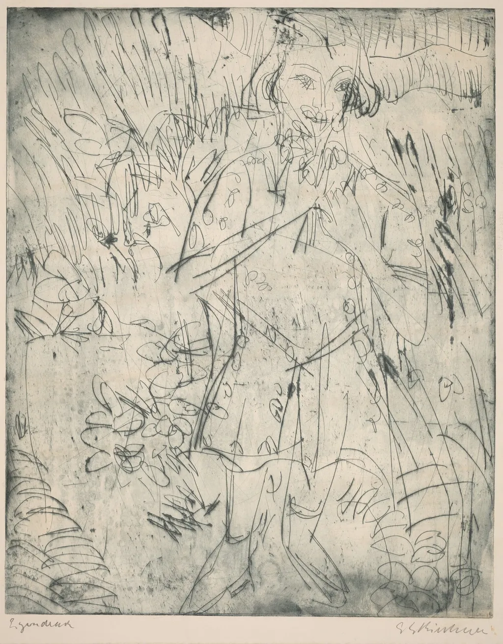 Girl with Flowers, by Ernst Ludwig Kirchner, ink, 1923