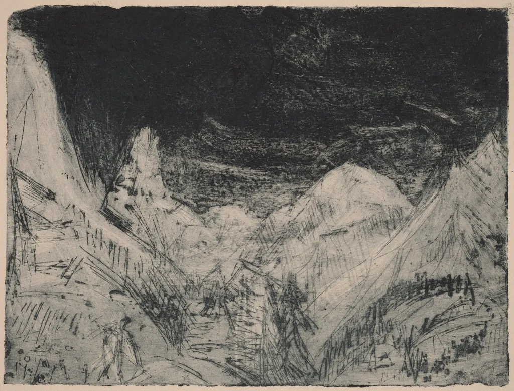 Mountain Landscape with Little Mowers, by Ernst Ludwig Kirchner, ink, 1919