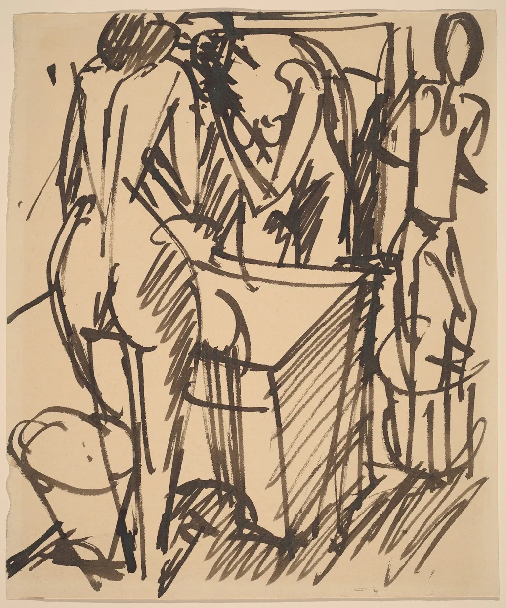 Nude with a Mirror, Standing Before a Washstand, by Ernst Ludwig Kirchner, ink, 1909