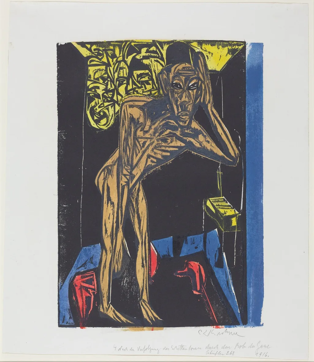 Peter Schlemihls wundersame Geschichte: Schlemihl in der Einsamkeit des Zimmers (Peter Schlemihl's Wondrous Story: Schlemihl in the Solitude of His Room), by Ernst Ludwig Kirchner, ink, 1915