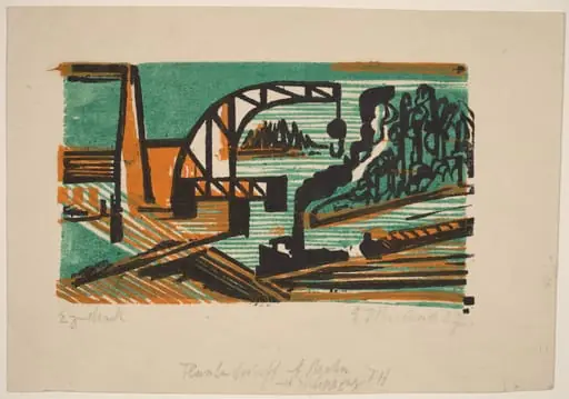 River Landscape with Crane and Barges, by Ernst Ludwig Kirchner