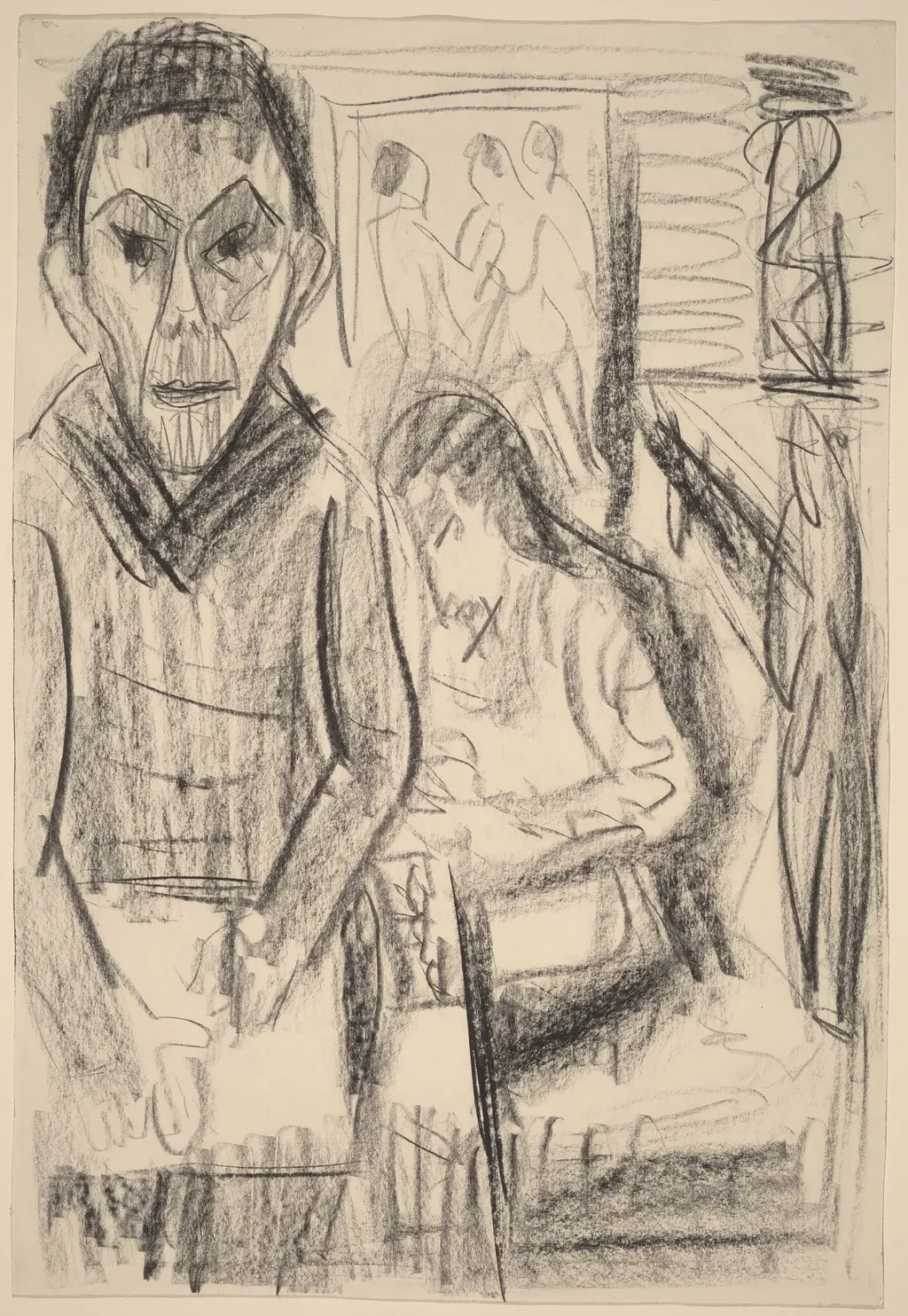 Self-Portrait in the Studio (Selbstbildnis im Atelier), by Ernst Ludwig Kirchner, crayon, 1923