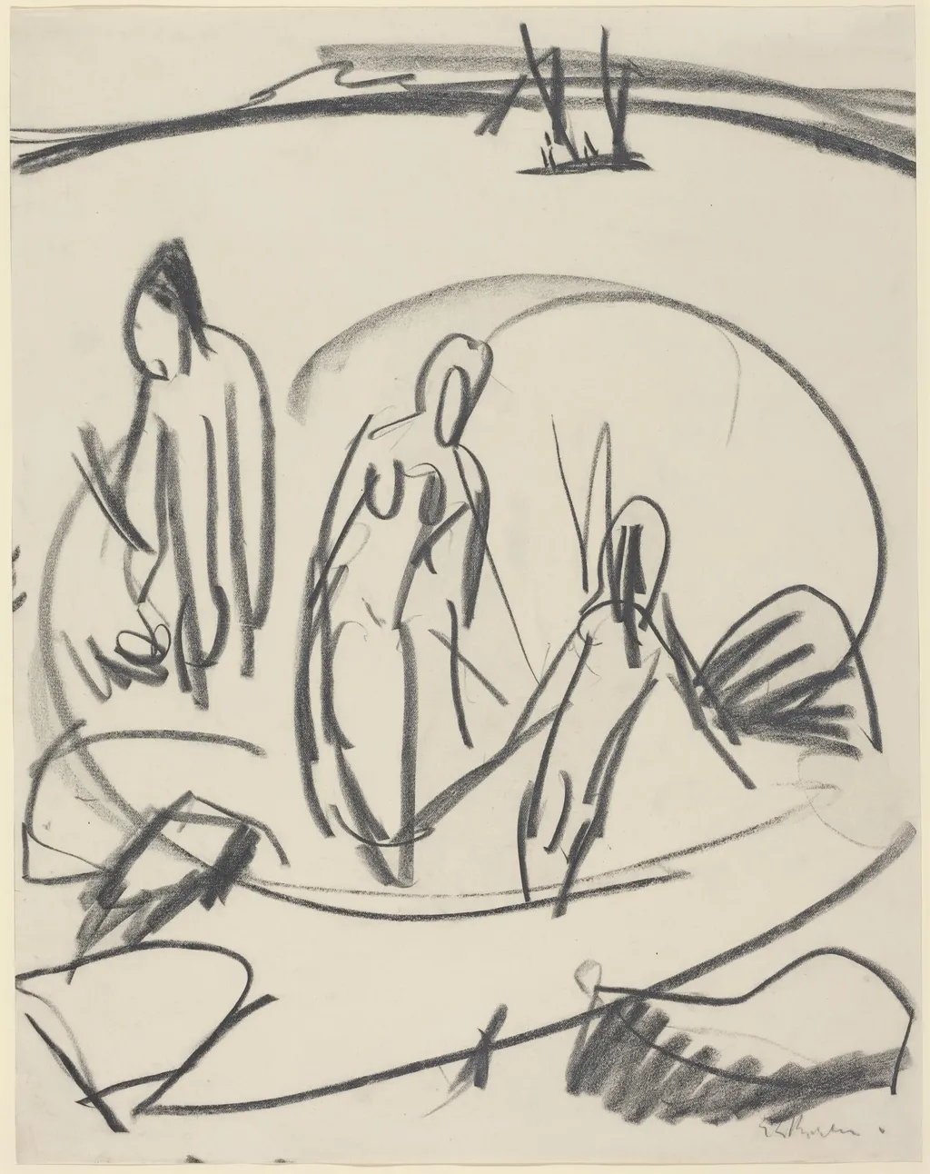 Three Bathers in the Sea, by Ernst Ludwig Kirchner, crayon, 1914