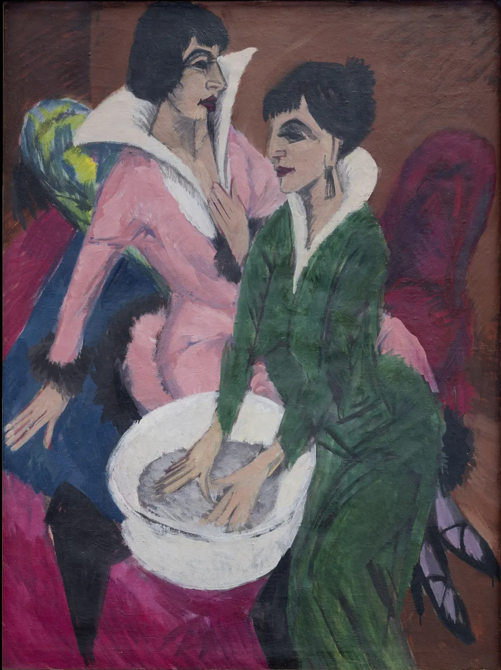 Two Women with a Washbasin; The Sisters, by Ernst Ludwig Kirchner, oil, 1913