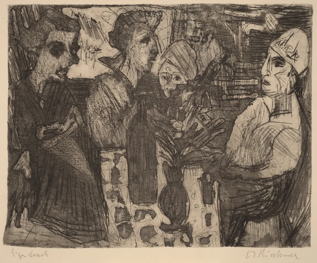 Women at a Table in a Room, by Ernst Ludwig Kirchner, ink, 1920
