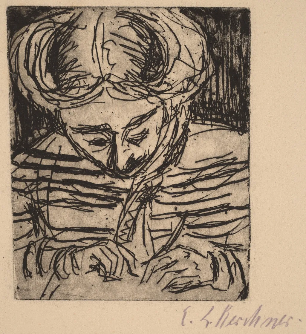 Young Girl Drawing, by Ernst Ludwig Kirchner, ink, 1906
