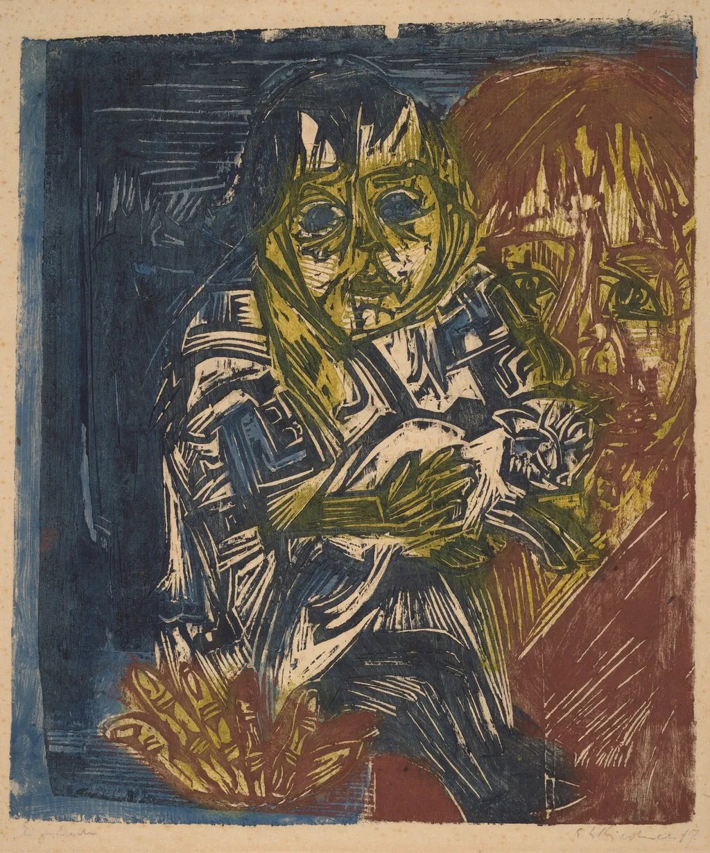 Young Woman with a Child (Mädchen mit Kind), by Ernst Ludwig Kirchner, ink, 1919