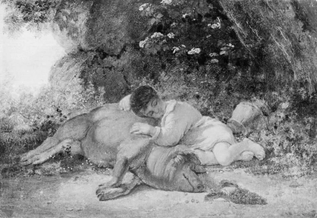 Two Friends. A Boy Sleeping beside a Pig, by Ernst Meyer, oil, 1835