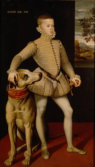 Erzherzog Albrecht VII. (1559-1621) im Alter von 14 Jahren mit einer Dogge, in ganzer Figur