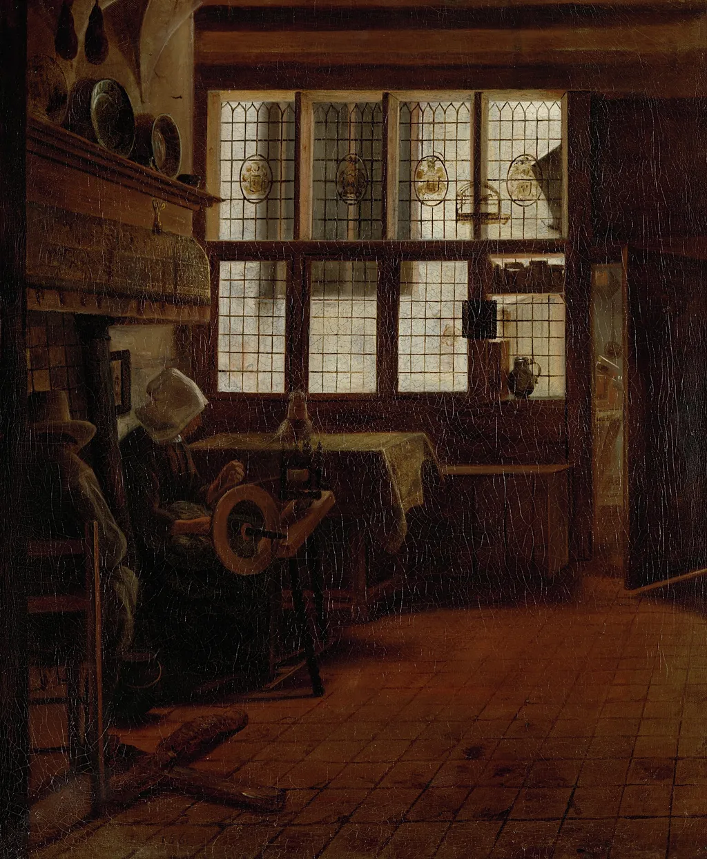 Interior with Woman at the Spinning Wheel, by Esaias Boursse, oil, 1661