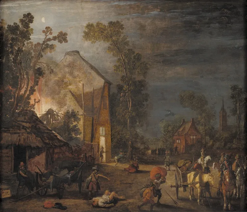 A Village Looted at Night, by Esaias van de Velde, oil, 1620