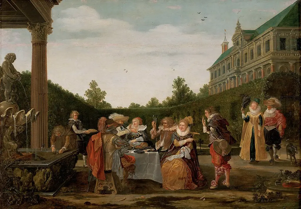 Banquet in a palatial garden, with an elegant company drinking and in conversation, by Esaias van de Velde