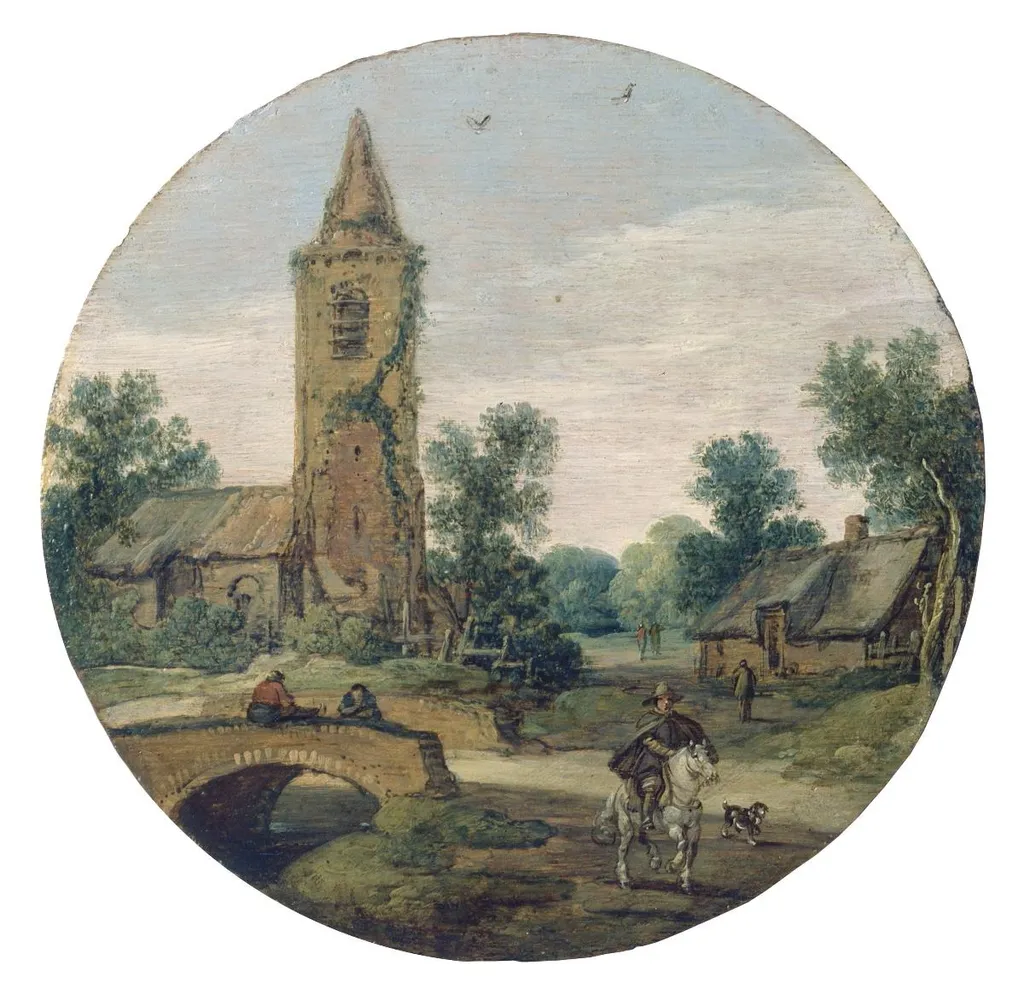 Dorfszene mit Brücke und Kirche, by Esaias van de Velde, oil, 1622