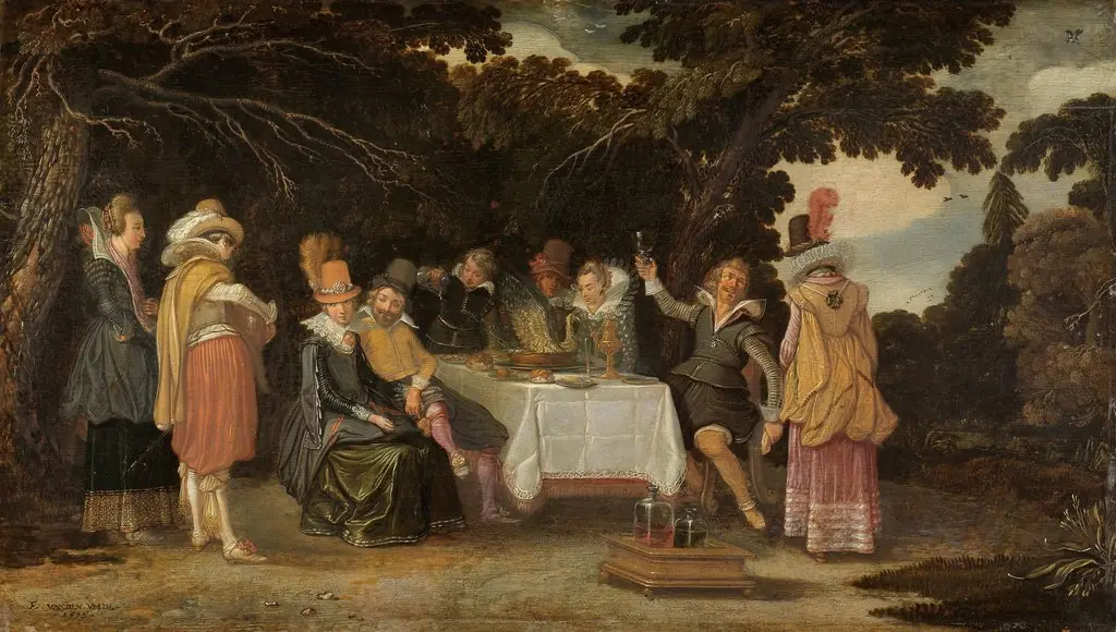 Elegant company dining in the open air, by Esaias van de Velde