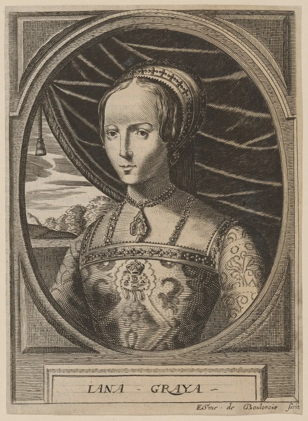 Lady Jane Gray, by Esme de Boulonois, ink, 1672
