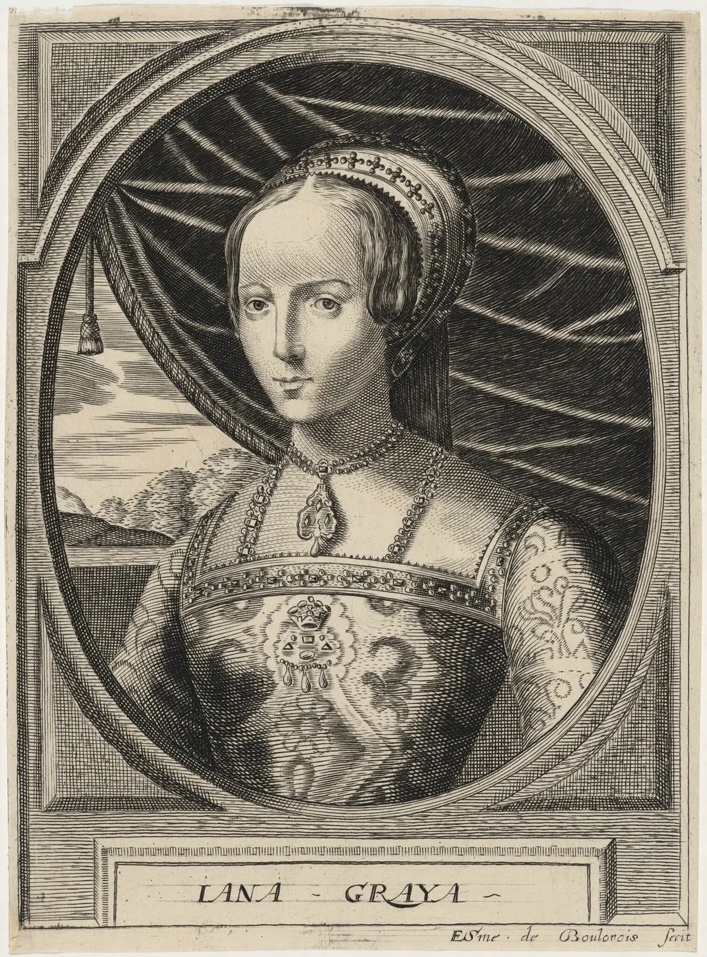 Lady Jane Gray, by Esme de Boulonois, ink, 1672