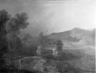 Et landskab med bjerge, en flod og et stort monument