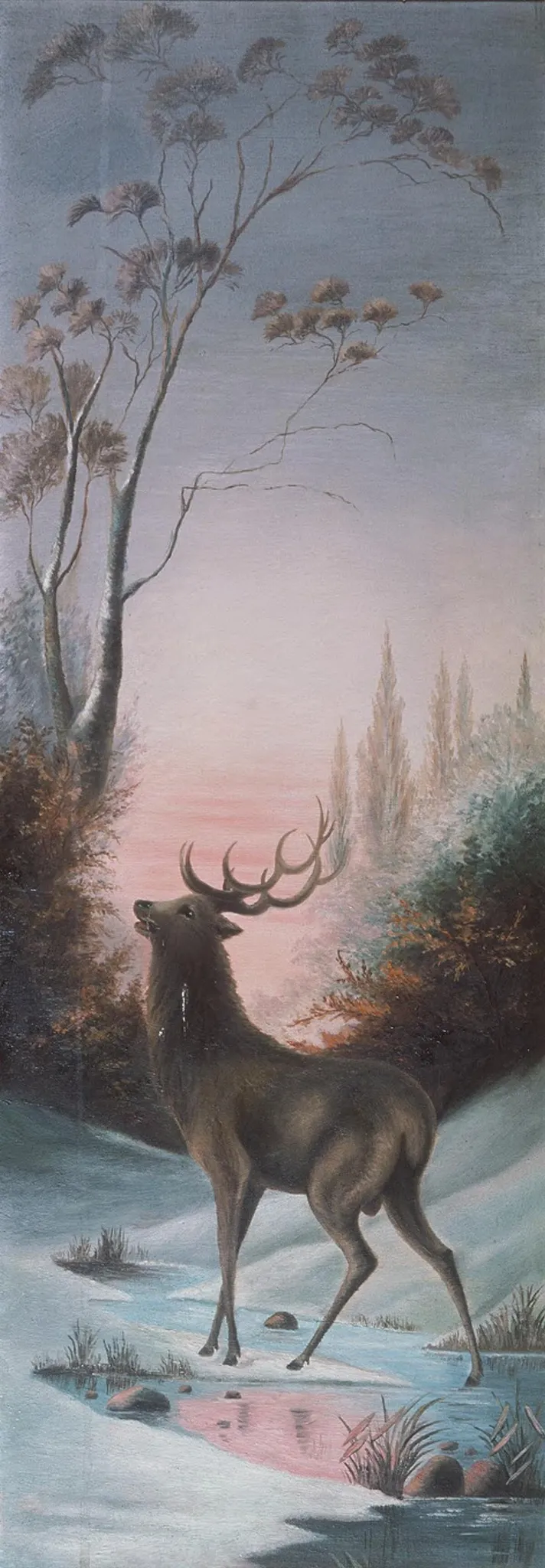 Stag in snowy landscape, by Ethel Morgan, oil, 1890