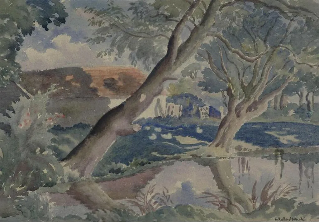 A pond overshadowed by two trees; buildings in the background, by Ethelbert, watercolor, 1939